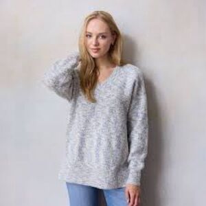 LC Lauren Conrad Sweater V-Neck Tunic Blue and Cream Knit Oversized Size Medium